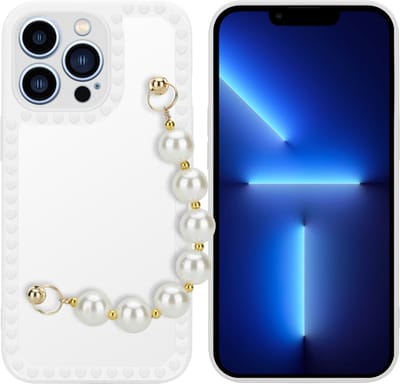 Cadorabo Hoesje geschikt voor Apple iPhone 13 PRO in Wit met parels - Beschermhoes van flexibel TPU silicone Case Cover met polsketting