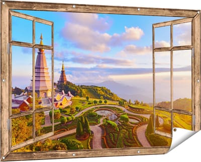 Gards Tuinposter Doorkijk Pagode Tempels in de Inthanon Berg in Thailand - 150x100 cm - Tuindoek - Tuindecoratie - Wanddecoratie buiten - Tuinschilderij