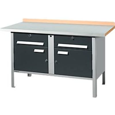 Werkbank met kasten Schäfer Shop Select PWi 150-0, ESD, beuken multiplexplaat, met stalen deksel, tot 750 kg, B 1500 x D 700 x H 840 mm, antraciet/blank aluminium