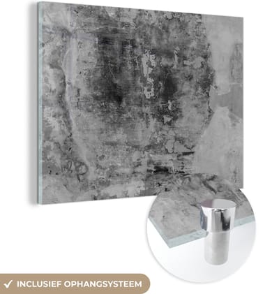 Glasschilderij - Zwart - Steen - Wit - Industrieel - 160x120 cm - Wanddecoratie - Decoratie woonkamer