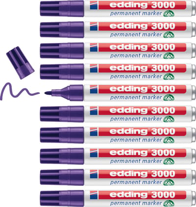 edding 3000 permanent marker - lila - 10 stiften - ronde punt 1,5-3 mm - sneldrogende permanent marker - water- en wrijfvast - voor karton, kunststof, hout, metaal - universele marker