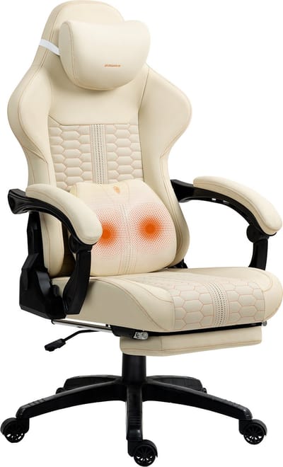 Dowinx Big and Tall gamingstoel - ergonomische bureaustoel met massage lendensteun en voetensteun - PU leer - belastbaar tot 180 kg - wit