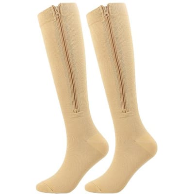 Compressiesokken met rits voor dames en heren, hoge stretch nylon compressiesokken met gesloten neus S/M beige