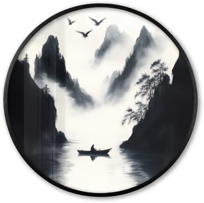Poster in lijst Rond - Fotolijst 60x60 cm - Posters - Roeiboot - Mistig - Bergen - Vogels - Ronde posterlijst zwart - Decoratie - Wanddecoratie woonkamer - Muurdecoratie slaapkamer