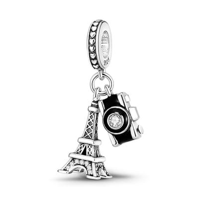 Fler® | Bedel | Past op populaire bedel armbanden (standaard-3mm) | armbandbedel | Eiffeltoren | Parijs | Fotocamera | Liefde | Reizen | Hangbedel Charm | 925 Sterling Zilver | Zirkonia | Emaille | Zwart | Kerstcadeau | Valentijn kado