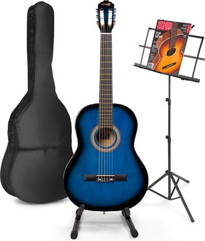 Akoestische gitaar voor beginners - MAX SoloArt klassieke gitaar / Spaanse gitaar 4/4 - Met o.a. 39'' gitaar, gitaar standaard, muziekstandaard, gitaartas, gitaar stemapparaat en extra accessoires - Blauw