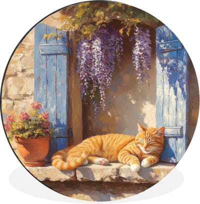 WallCircle - Wandcirkel - Muurcirkel - Kat - Stenen vensterbank - Bloemen - Aluminium - Dibond - 30x30 cm - Binnen en Buiten