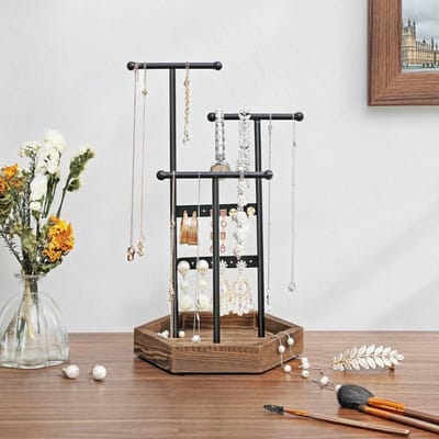 Famanu – Sieradenstandaard met boomdesign van metaal en hout, sieradenhouder voor kettingen, armbanden en oorbellen, zwart