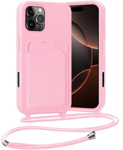 Hoesje Geschikt voor iPhone 16 Pro Hoesje Met Telefoonketting Pasjeshouder Case Koord - Hoesje Geschikt voor iPhone 16 Pro Hoes Met Kaarthouder - Lichtroze
