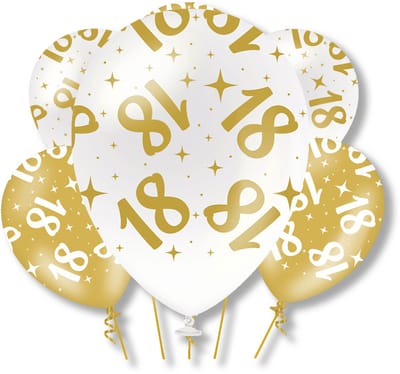 BTH – 18 Jaar Latex Ballonnen – 6 stuks – Wit-Goud – Verjaardag Versiering – 18 Jaar Decoratie – Helium – 30cm