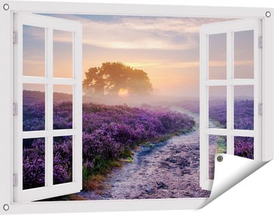 Gards Tuinposter Doorkijk Pad in de Weide van de Veluwe - 90x60 cm - Tuindoek - Tuindecoratie - Wanddecoratie buiten - Tuinschilderij