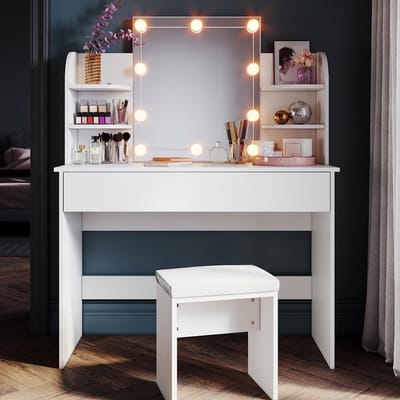 Make-uptafel met Verlichting en Kruk - Moderne Kaptafel met LED Spiegel