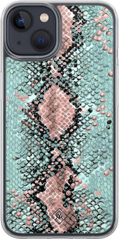 Casimoda® hoesje - Geschikt voor iPhone 13 Mini - Slangenprint pastel mint - 2-in-1 case - Schokbestendig - Slangenprint - Verhoogde randen - Groen, Transparant