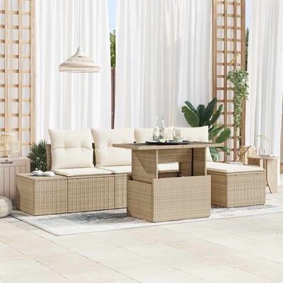 vidaXL - Tuinbank - Set - met - kussen - 6 - pcs - Beige - en - Crème - poly - rattan