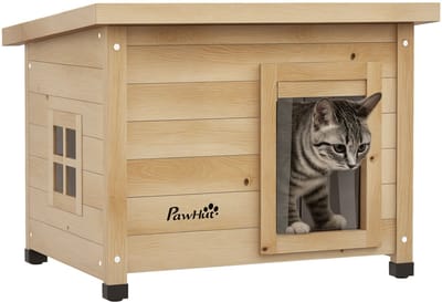 PawHut Katzenhaus aus Holz, Katzenhütte Outdoor, Katzenhöhle mit Türvorhang, Kleintierhaus mit Erhöhtem Design, für Garten, Balkon, Gelb, 57 x 45 x 43 cm