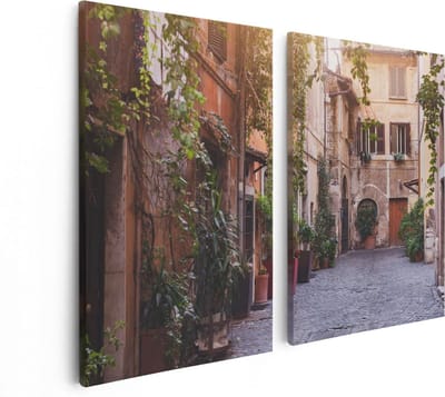 Artaza Canvas Schilderij Tweeluik Straatje in Rome met Groene Planten - 80x60 - Foto Op Canvas - Canvas Print