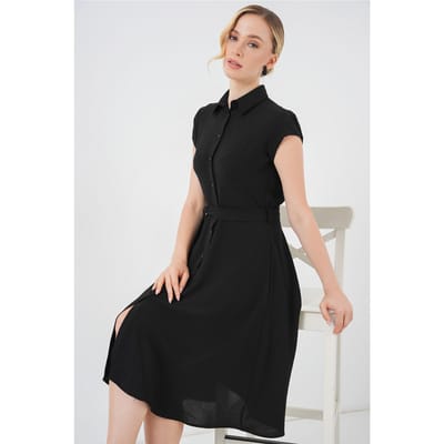Gestreepte Midi-jurk met Knopsluiting en Binding Detail