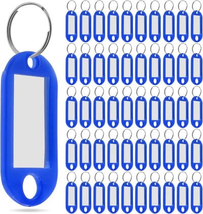 Sleutelhangers met labelvenster, 100 stuks, blauw plastic met splitring, ID-labels voor bagage en organisatie (blauw)
