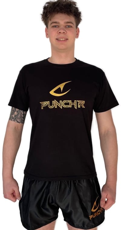 PunchR™ Logo's Sportswear T-Shirt Kids Katoen Zwart Goud - Maat 116 | 6 Jaar