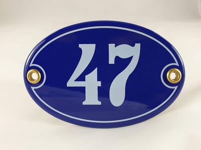 Huisnummerbordje Nr 47 - Ovaal Bordje - Huis Identificatie - Handgemaakt Robuust - 10.5 x 7 cm - Blauw Wit