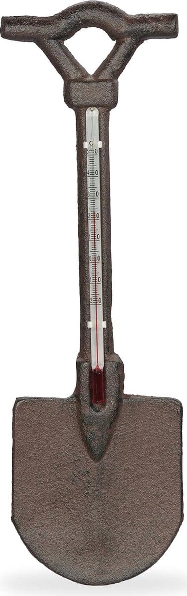 Antieke buitenthermometer schop - analoge wandthermometer in bruin gietijzer