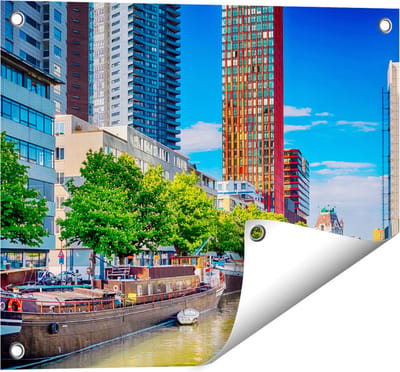 Gards Tuinposter Rotterdamse Gracht met Boten - 50x40 cm - Tuindoek - Tuindecoratie - Wanddecoratie buiten - Tuinschilderij