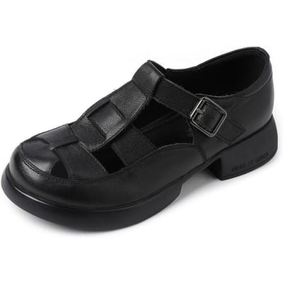 Sandales en cuir véritable à bout rond et à semelles épaisses pour femmes, nouvelles sandales romaines tissées en cuir de vache, mocassins décontractés creux 41 black