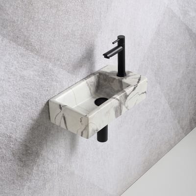 Fonteinset Mia 40.5x20x10.5cm marmerlook wit geaderd grijs rechts inclusief fontein kraan, sifon en afvoerplug mat zwart