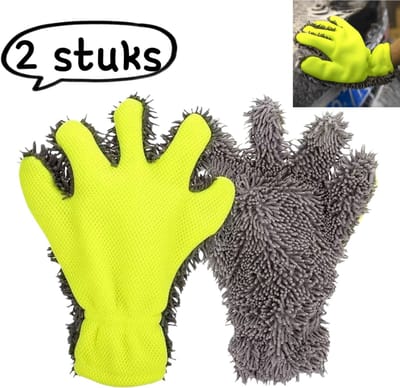 2-delige set - Autowashandschoenen - Pluche waterdichte autodoek - Autoborsteldoek van chenille - Geelgroen