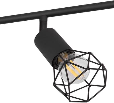 Vintage plafondspot Plafondlamp hout 6-vlam spot strip metaal zwart, beweegbare spots, metalen gaas retro hout look bruin, 6x E14 stopcontacten, HxLxB 24,5x116x10 cm