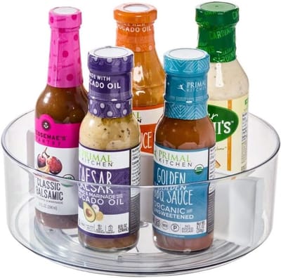 Famanu - Lazy Susan, draaibare keukenorganizer met afneembare scheidingswand, keukenaccessoires, van gerecycled kunststof, transparant en wit, helder/marshmallow