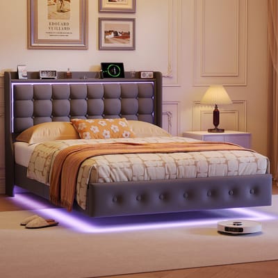 Tweepersoonsbed 140x200 cm – Grijs Velours Bed met LED-Verlichting, USB/Type-C Oplaadstation en Hoofdbord met Opbergplank