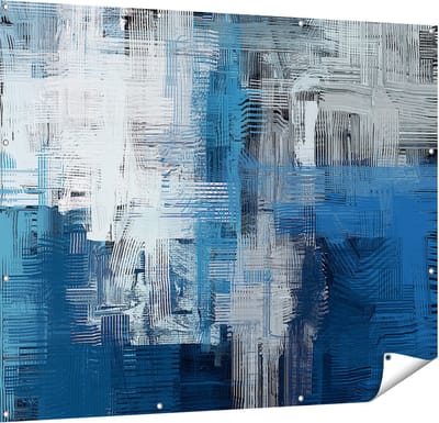 Gards Tuinposter Abstracte Kunst - Blauw Witte Penseelstreken - 150x120 cm - Tuindoek - Tuindecoratie - Wanddecoratie buiten - Tuinschilderij