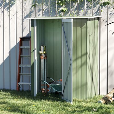 MEUNIQ metalen schuur 142 x 84 x 189 cm met grote deur en schuin dak, stalen tuinberging voor gereedschap, fietsen en buitenopslag, groen