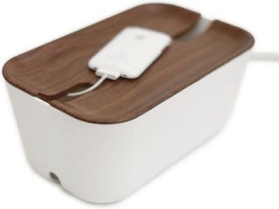 Bosign kabelbox, kabelorganizer, opbergbox stekkerdoos, kabelmanagement, snoeren wegwerken, wit/donker houten deksel - medium 30x18x13.8 cm