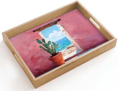 Dienblad hout 40x30 cm - Schootdienblad - Zee - Roze - Cactus - Borrelplank rechthoek - Plateau dienbladen