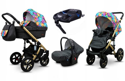 BabyLux® Kinderwagen 4in1 – SKY LARK - Paint Flowers GOLD FRAME - Opklapbare Wandelwagen incl. Reiswieg, Multifunctionele Buggy Sportstoel, Autostoel, ISOFIX basisstation - Combi-kinderwagen met Luiertas, Regenhoes, Klamboe