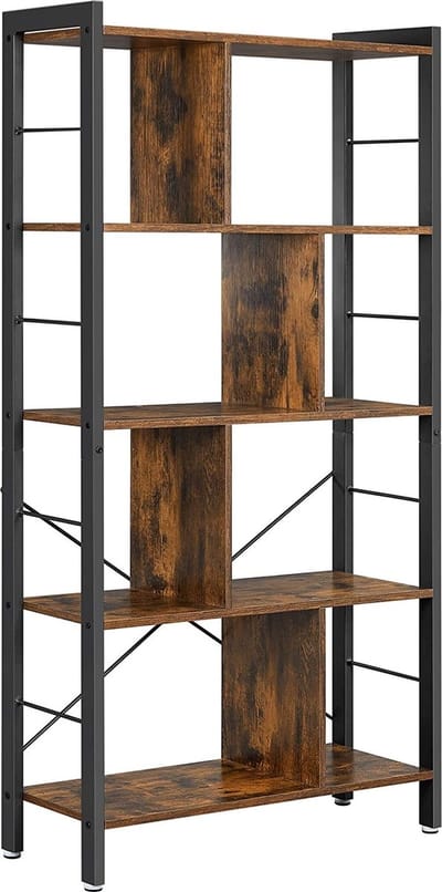 Parya Home - Houten Boekenkast - Met 5 planken - Boekenplank - Industrieel - Vintage - Metaal - Bruin