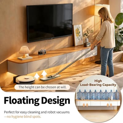 Zwevend TV-meubel 220 cm (86,6 inch) – Wandgemonteerd Floating TV Kast / Media Console met Lades, Open Vakken & Kabelmanagement – Massief Hout – Rock White – HomebyNicole