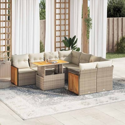 vidaXL - 9-delige - Loungeset - met - kussens - poly - rattan - acacia - beige
