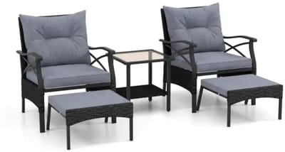Dailygoods 5-delige terrasmeubilairset, rotan tuinloungeset met 2 stoelen, 2 ottomanen en 1 salontafel met blad van geha