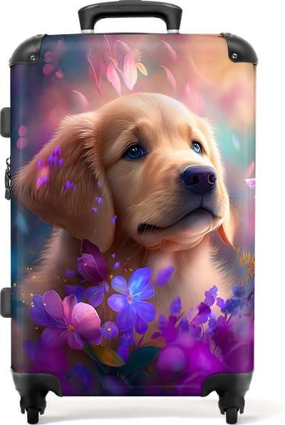 NoBoringSuitcases.com - Koffer - Puppy - Bloemen - Natuur - Roze - Grote koffer - Koffer volwassenen - 20 kg bagage - Hardcase koffer - Lichtgewicht - TSA slot - 66 cm - Reiskoffer vrouw - Trolley vrouw - 72 liter - Grote koffer