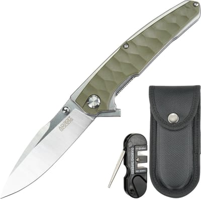 AdroitGoods D2 zakmes met G10 handgreep, Groen - incl. hoes en slijptool - Premium opvouwbaar outdoor-mes - kogelgelagerde as, G10 handgreep, hoge slijtvastheid, ergonomisch en duurzaam voor kamperen, wandelen, survival