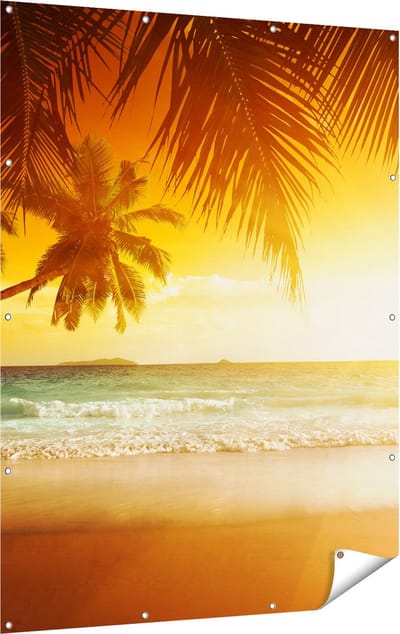 Gards Tuinposter Tropisch Strand tijdens Zonsondergang - 120x160 cm - Tuindoek - Tuindecoratie - Wanddecoratie buiten - Tuinschilderij