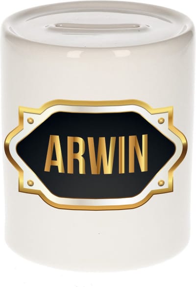 Spaarpot met voornaam Arwin - wit - met goud/zwart embleem - 8 x 9 cm - keramiek - met afsluitdop - cadeau verjaardag