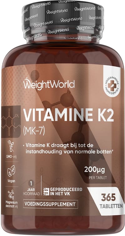 WeightWorld Vitamine K2 MK-7 - 200 mcg - 365 tabletten voor 1 jaar voorraad - Vegan vitamine K