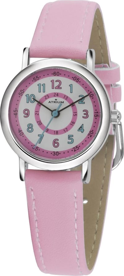 ATRIUM Horloge Kind - Kinderhorloge - Meisje - Licht Roze -Mint Accenten - 5 bar Waterdicht - Leercijferblad - Leren - Verstelbaar Bandje 14,5-19 cm - Leren - Duidelijk - Quartz Uurwerk - Edelstalen Sluiting - A31-104