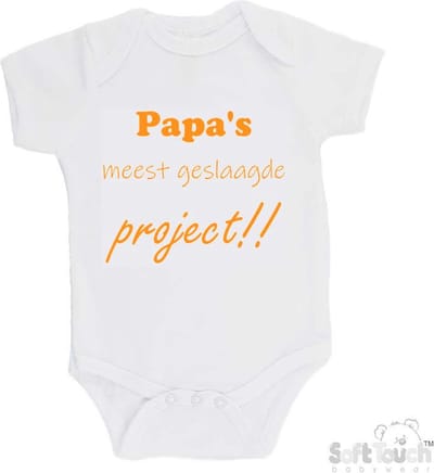 Soft Touch Romper "Papa's meest geslaagde project" Unisex Katoen Wit/mosterd Maat 62/68