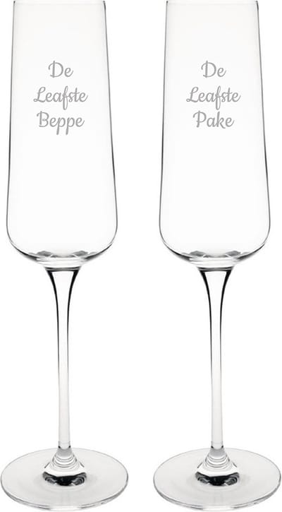 Gegraveerde Champagneglas 27cl De Leukste Pake- De Leukste Beppe