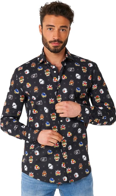 OppoSuits Lange Mouwen Overhemd Super Mario Bad Guys - Heren Overhemd - Carnavalskleding - Casual Gaming Nintendo Shirt - Wit - Maat EU 39/40
